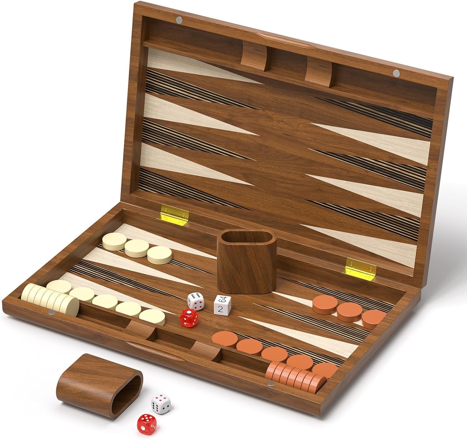 15 Inch Wooden Backgammon Set Folding Travel Board Game Dice Cups