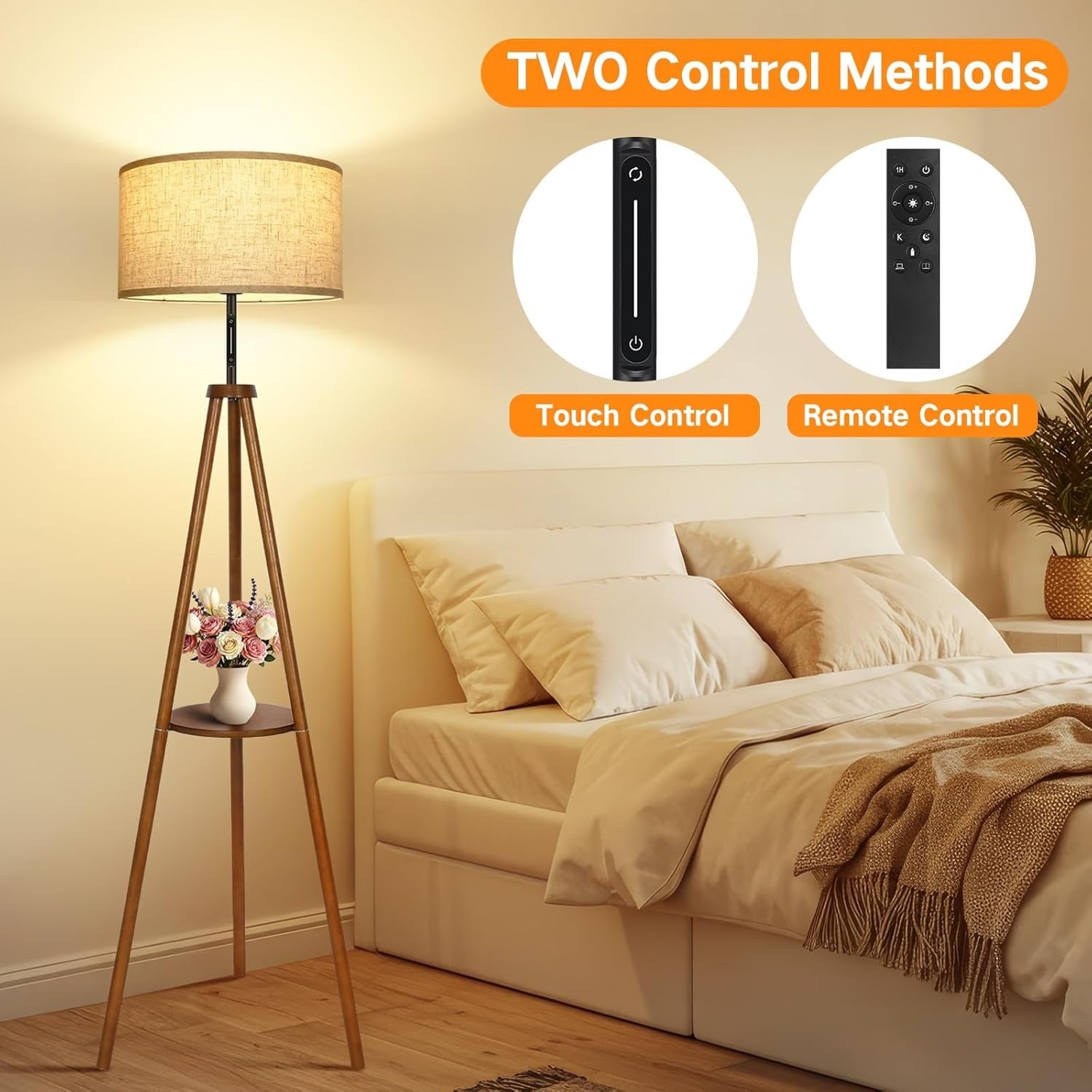Wooden Tripod Floor Lamp Touch Remote Dimmable Shelf Linen Shade