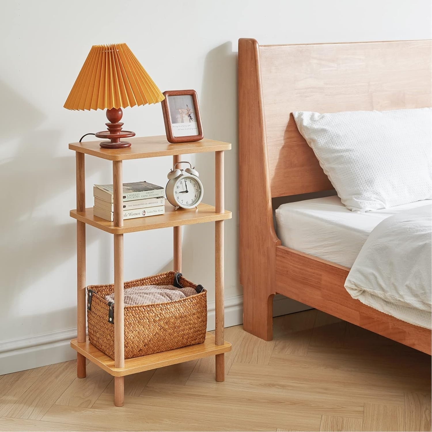 3-Tier Solid Wood Side Table with Storage Shelves - No Assembly Needed