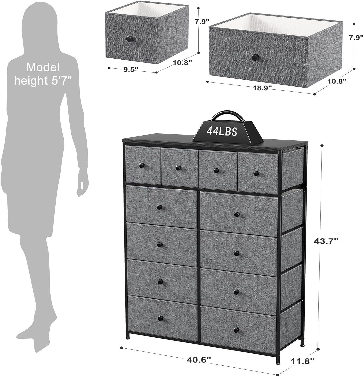 Tall Chest of Drawers Grey 12 Drawer Storage Unit for Bedroom Closet