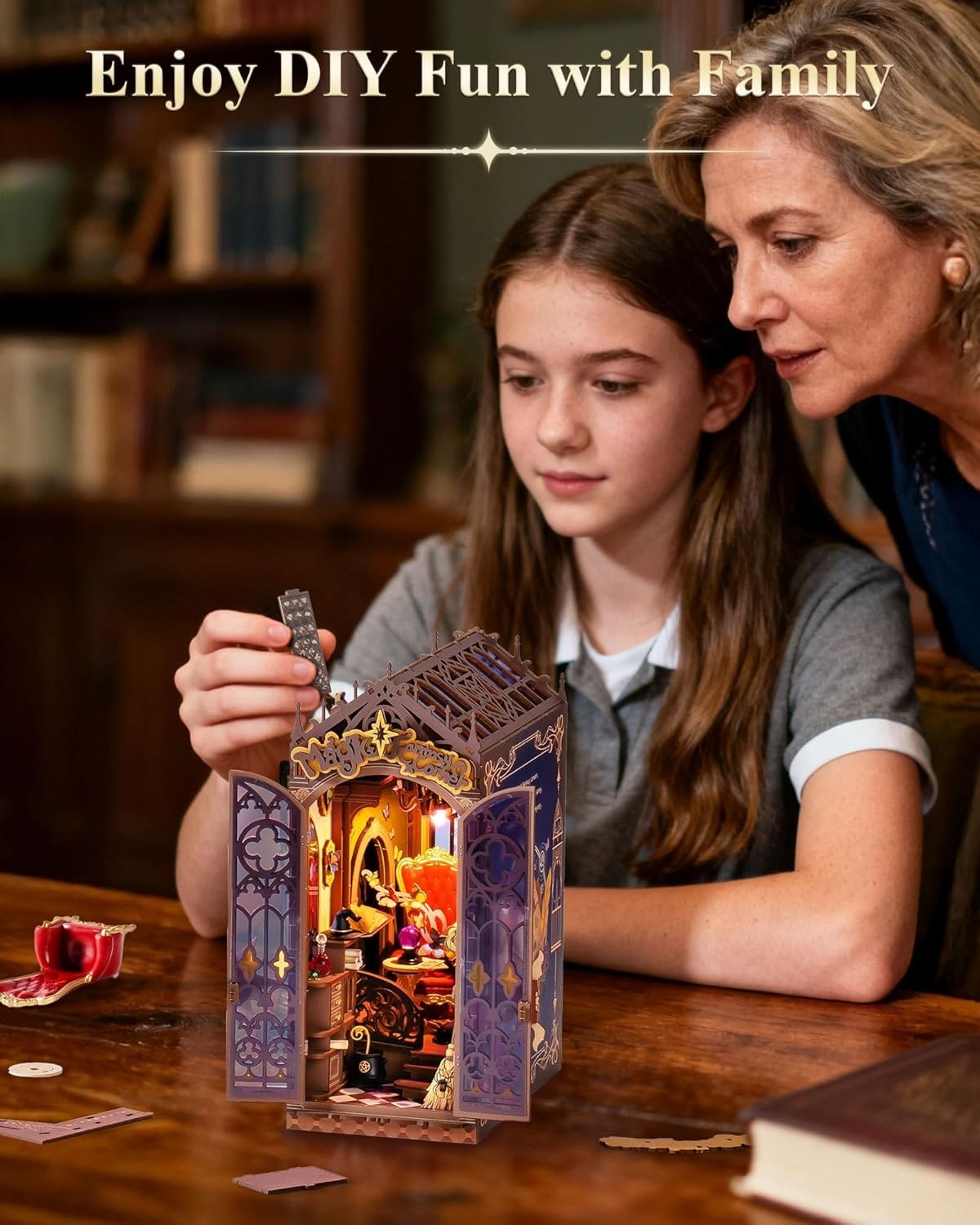 Magic Fantasy Book Nook DIY Miniature House Kit LED Wooden Bookshelf Decor
