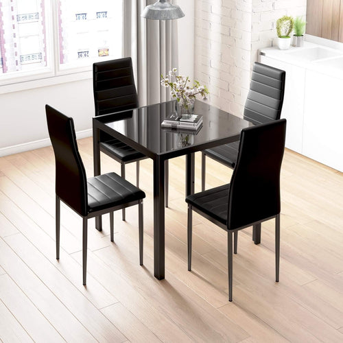 Modern Black Glass Dining Table Set with 4 Faux Leather Chairs – 75cm Square