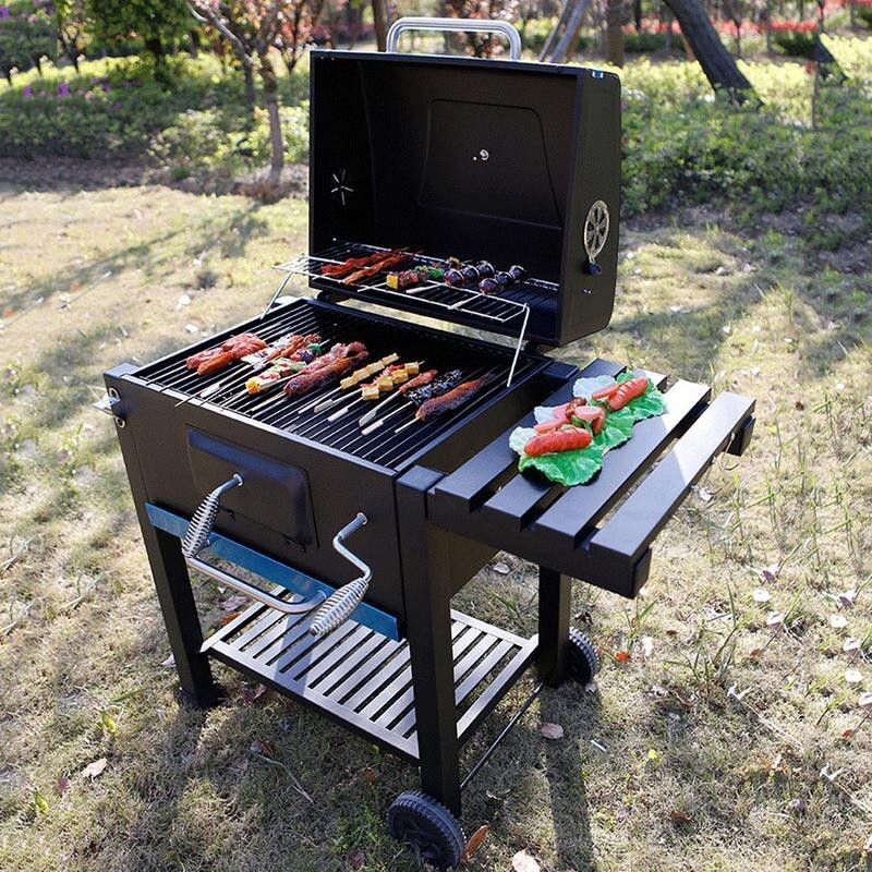 Outdoor Charcoal BBQ Grill with Wheels, Thermometer & Side Racks – 113cm