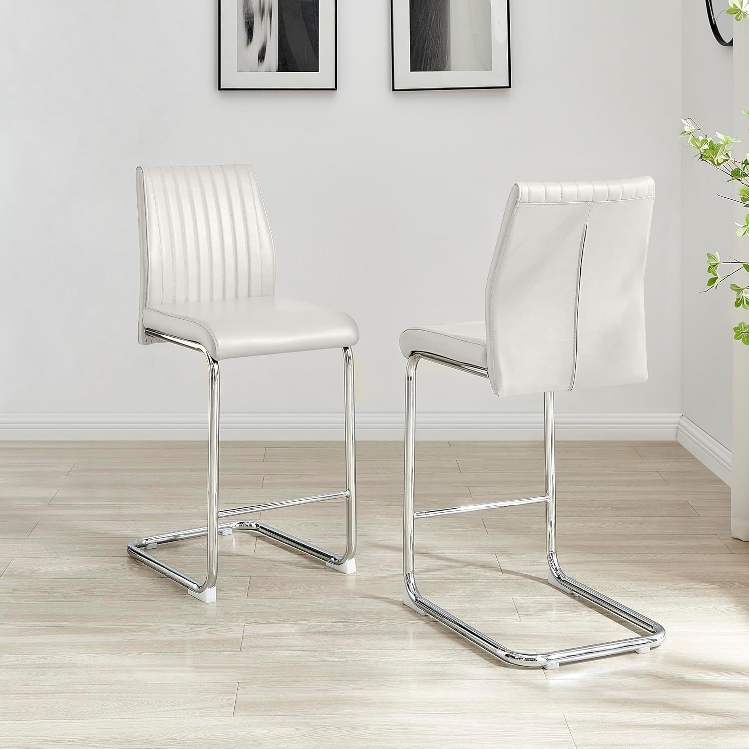 Modern White Bar Stools Set of 2 – Faux Leather Cantilever Chairs