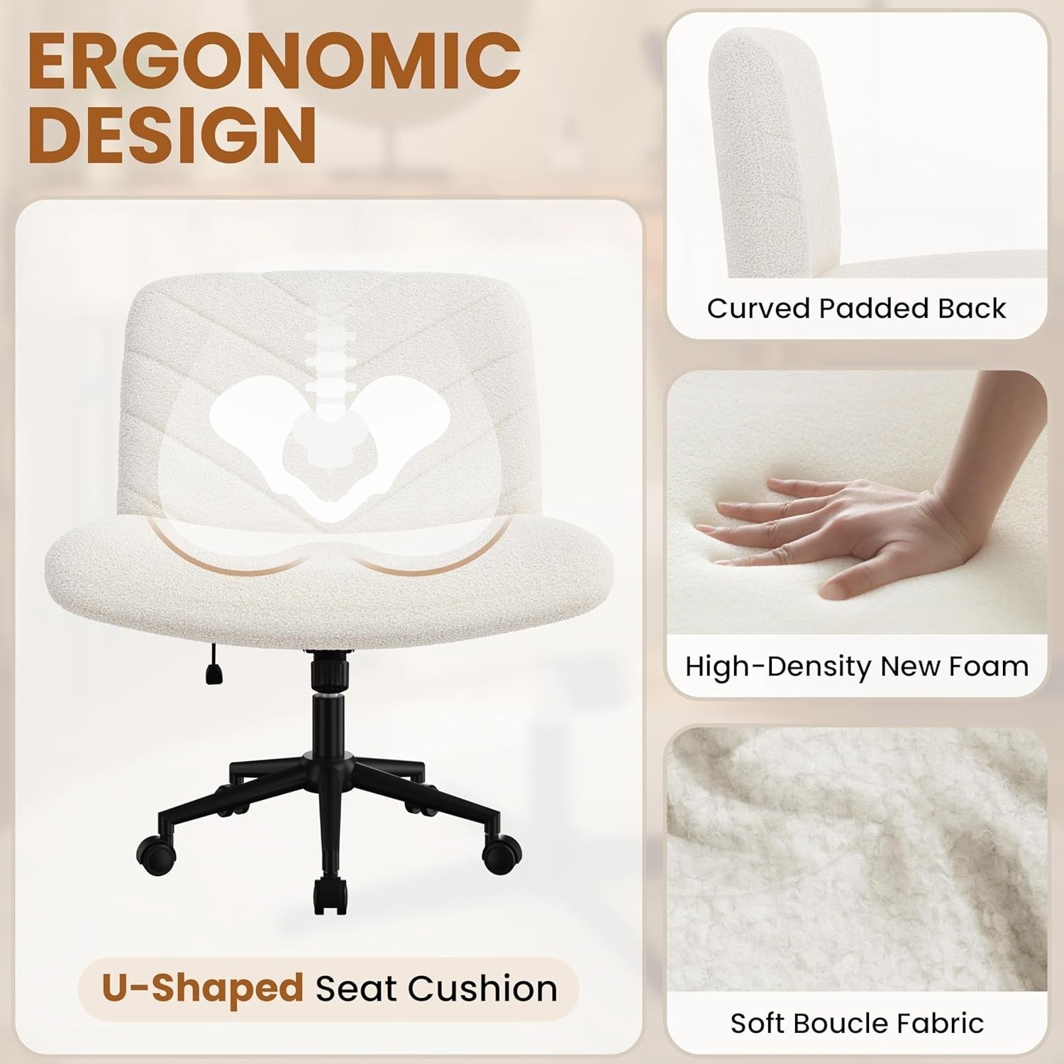 Adjustable Home Office Desk Chair Ivory Armless Swivel Extra-Wide Padded Seat