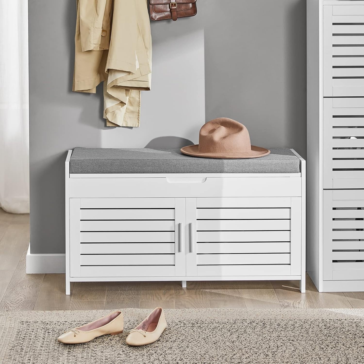 Shoe Storage Bench with Folding Padded Seat 2 Doors 90x33x50 cm White