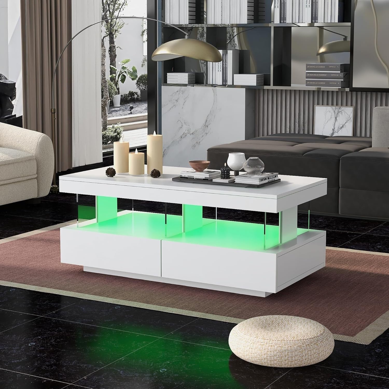 White LED Coffee Table with 2 Drawers & Open Storage, High Gloss 100x60cm