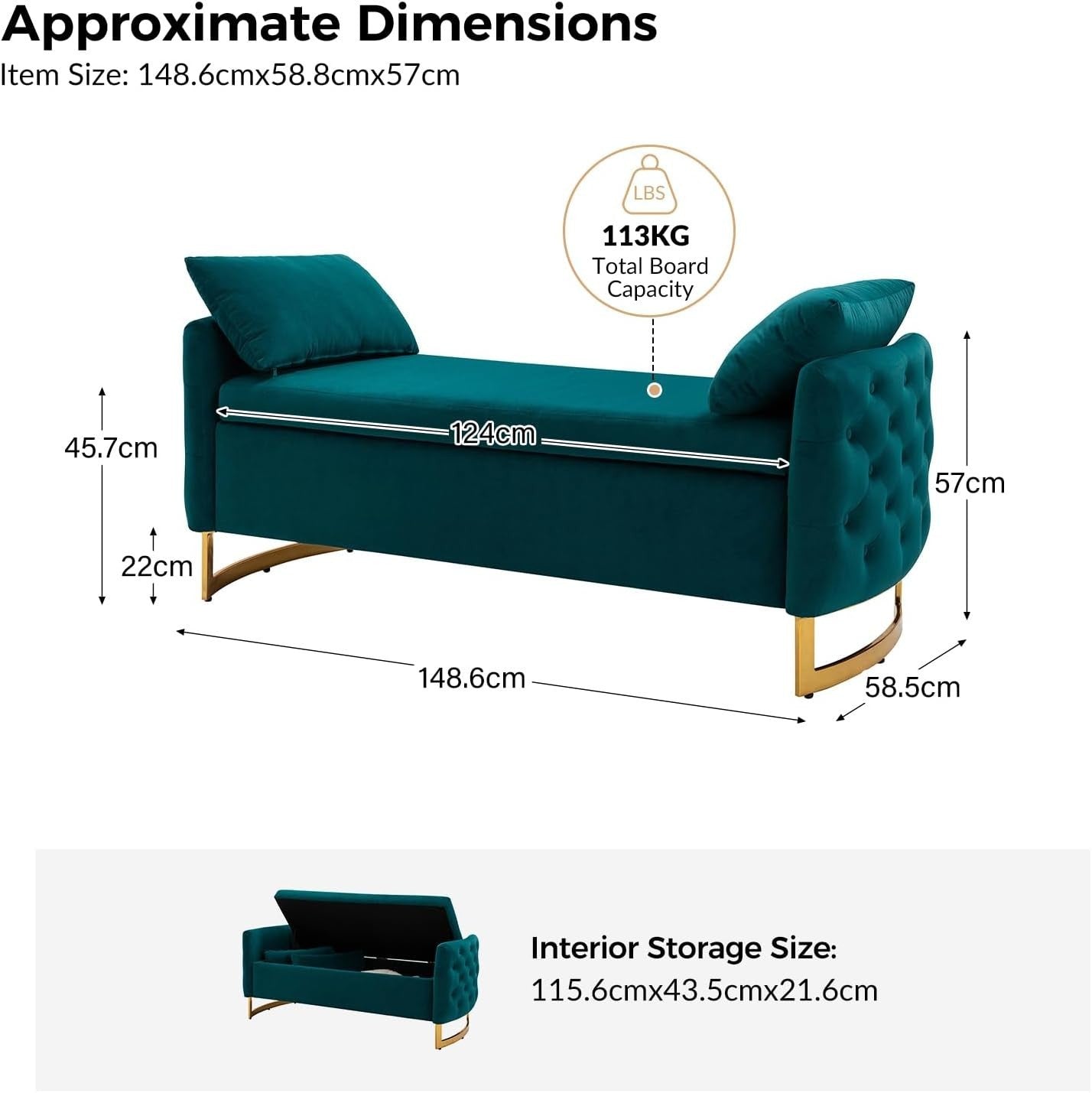 Large Teal Storage Ottoman Bench w/ Pillows Modern Upholstered Metal Legs
