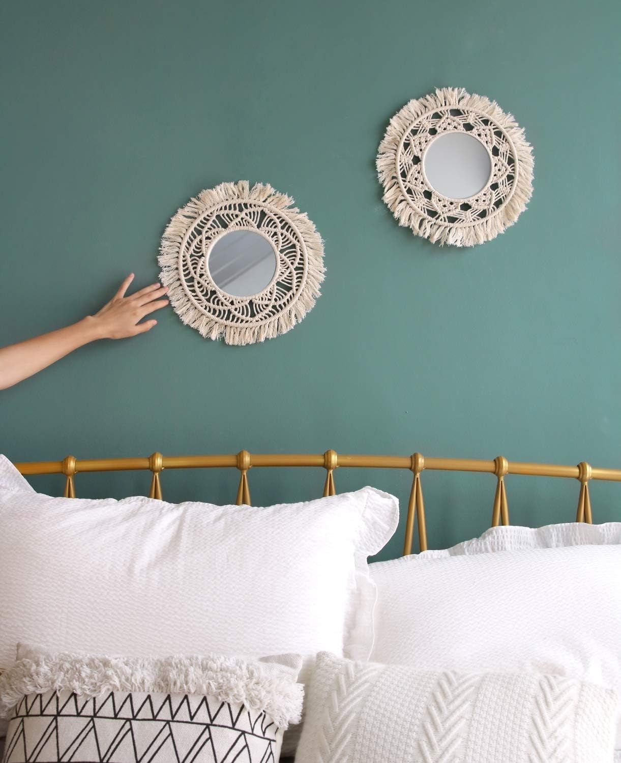 Boho Macrame Wall Mirrors Set of 2 Small Round Hanging Decor
