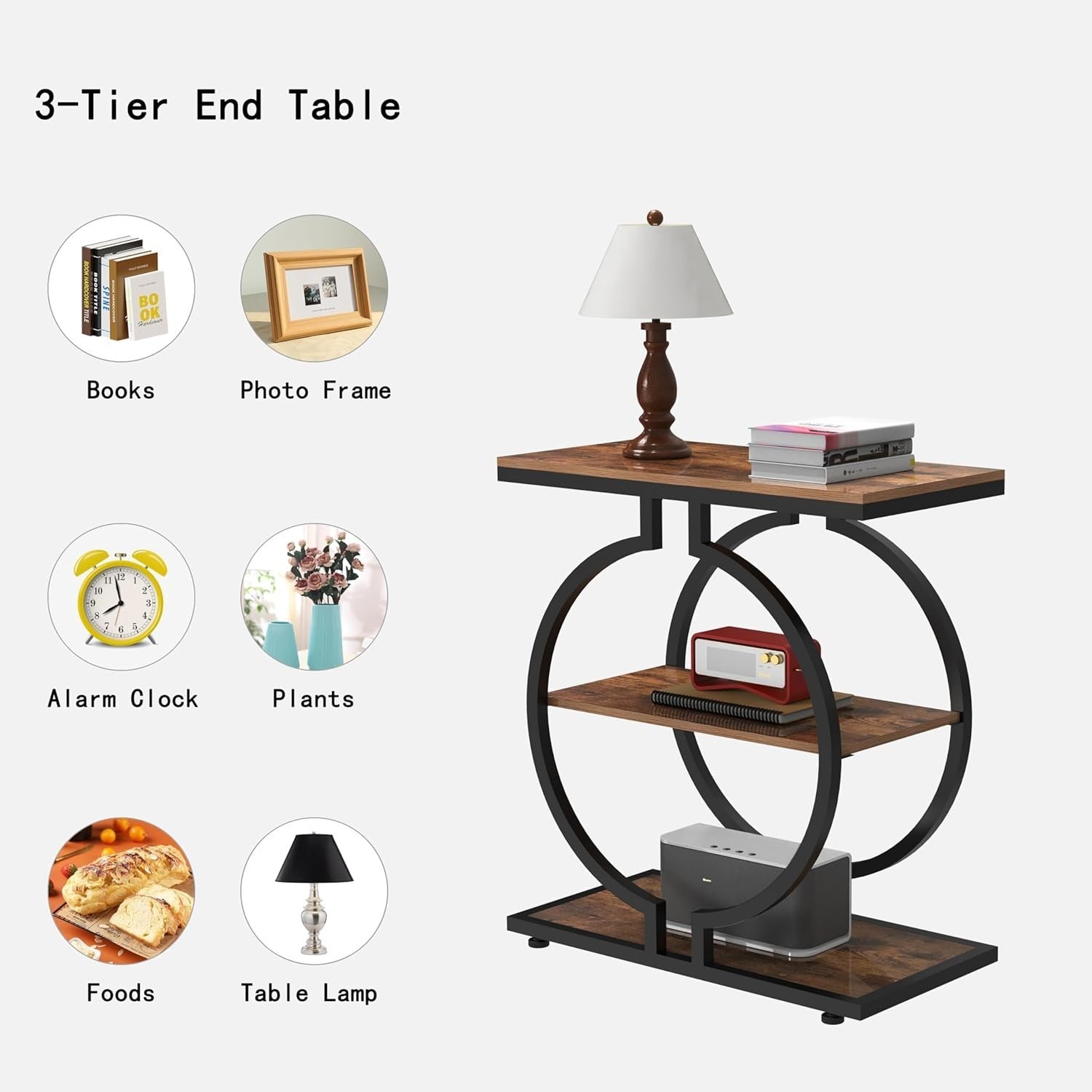 3-Tier Round End Table with Geometric Metal Base, Rustic Brown 30x60x65cm