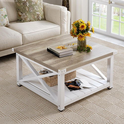 Rustic Grey Square Coffee Table 80cm Farmhouse Wood Storage Living Room