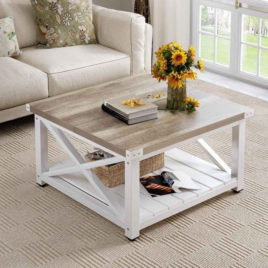 Rustic Grey Square Coffee Table 80cm Farmhouse Wood Storage Living Room