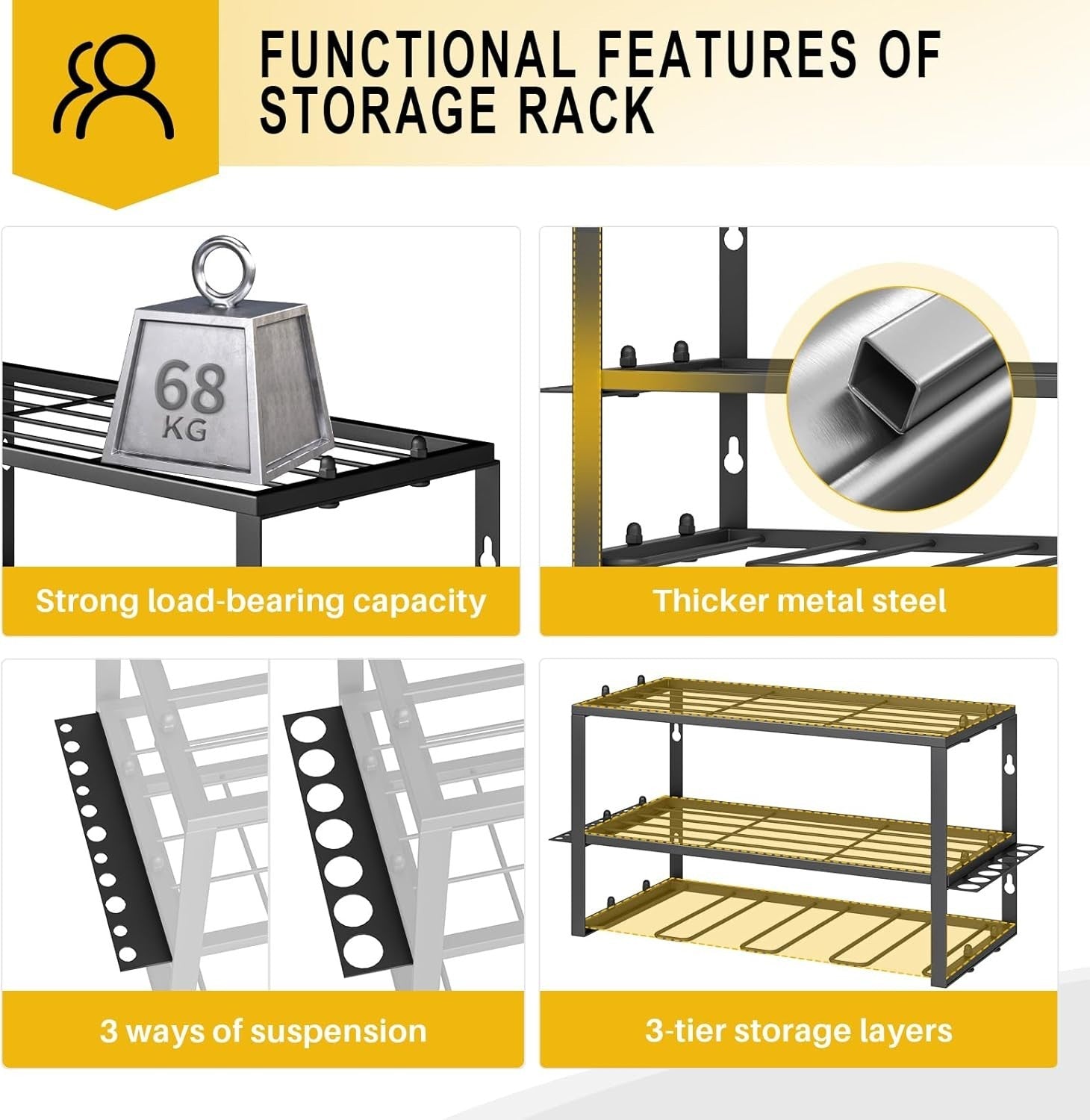 Heavy Duty Drill Storage Rack 2-Pack Floating Shelf 8 Drill Holders Yellow