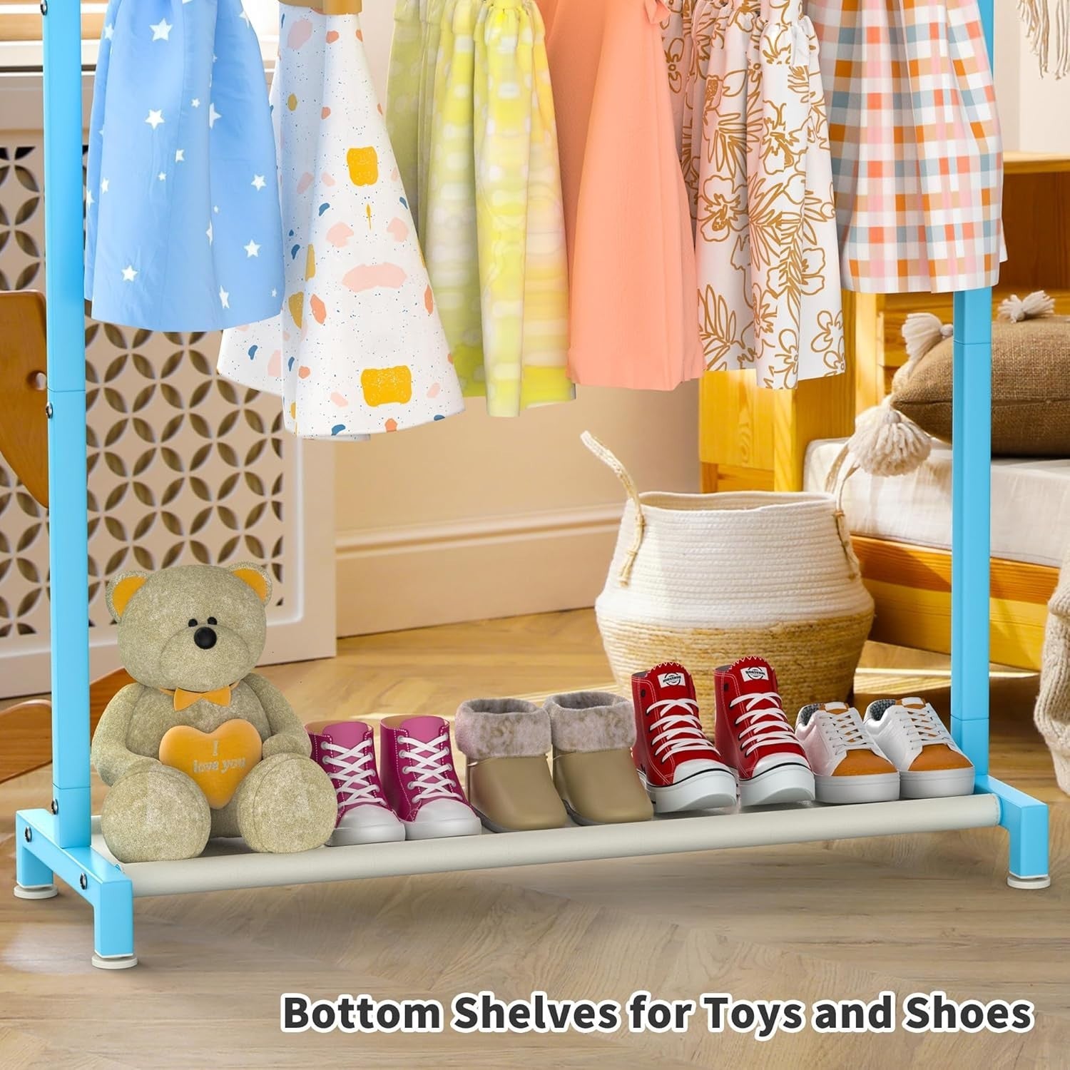 Blue Kids Clothing Rack with Shelf & Adjustable Feet 117cm