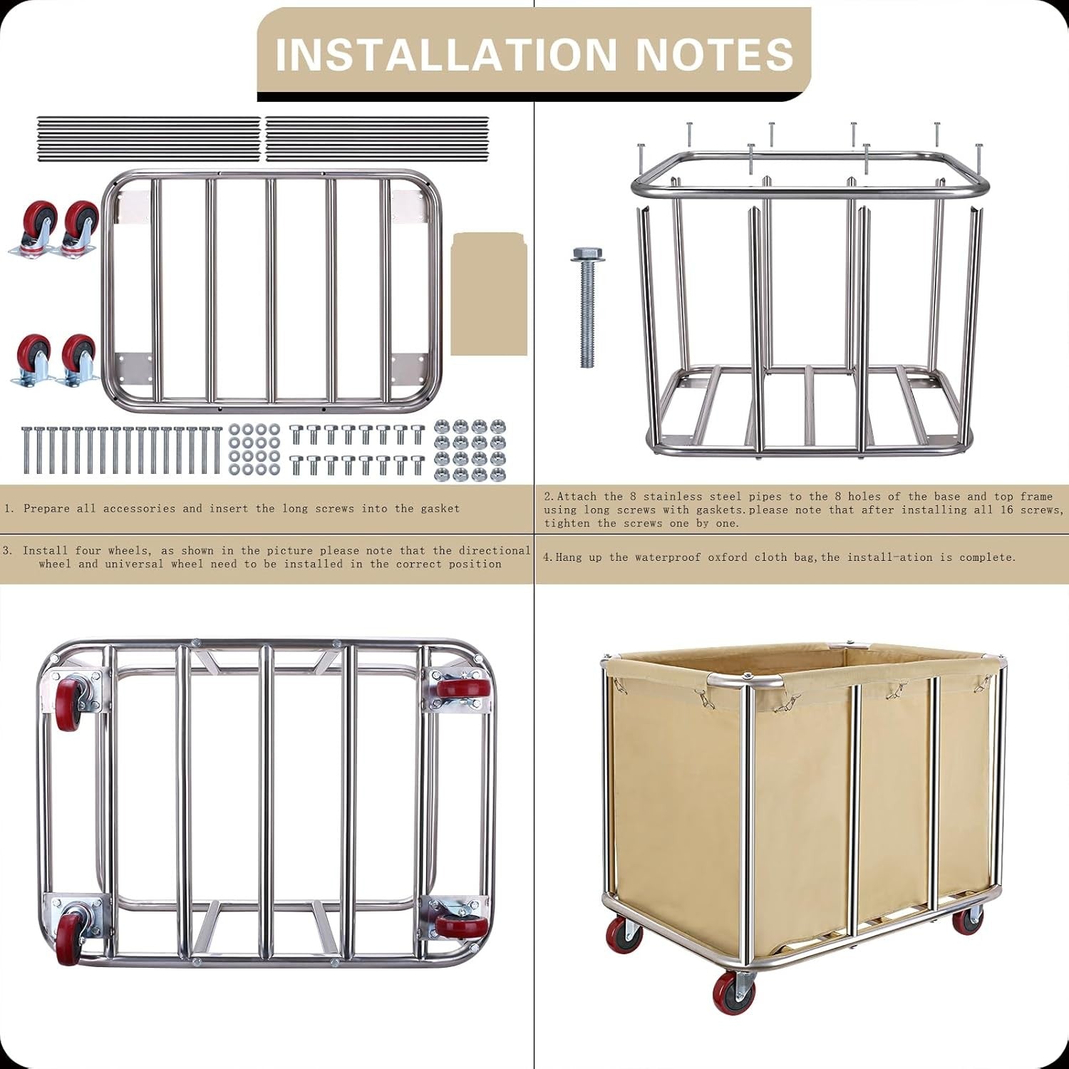 400L Commercial Laundry Cart with Wheels | Heavy Duty Steel Frame Beige Hamper