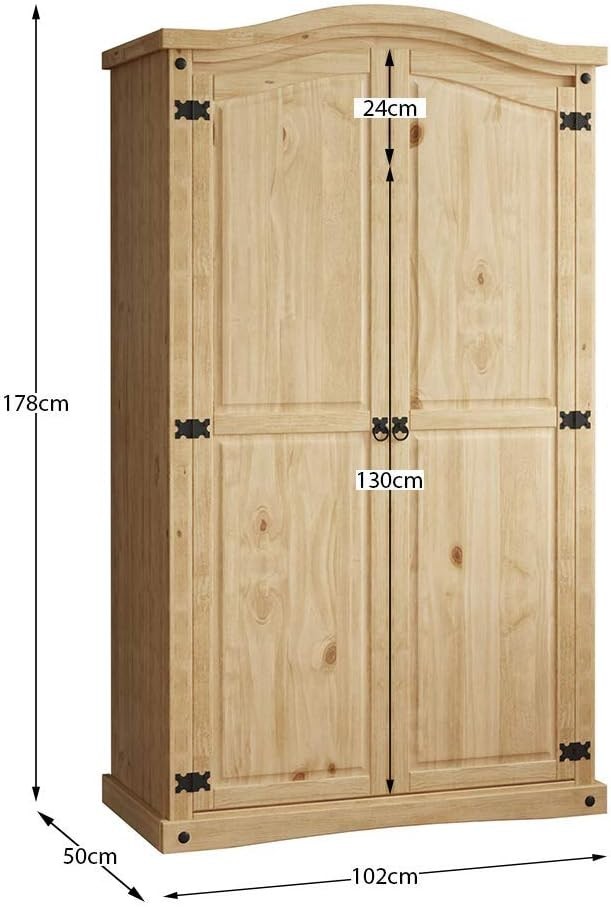 Solid Pine 2 Door Wardrobe Rustic Distressed Wax Storage Bedroom Cabinet