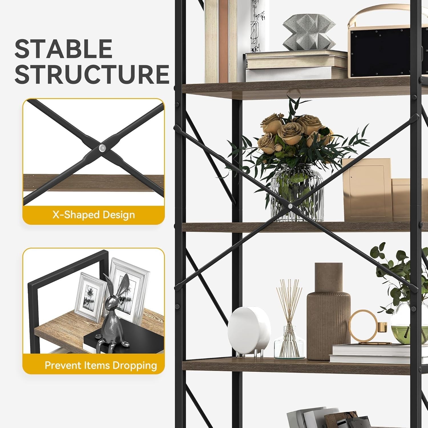 Tall Industrial 5-Tier Bookshelf Metal Frame Wood Shelving Storage Unit