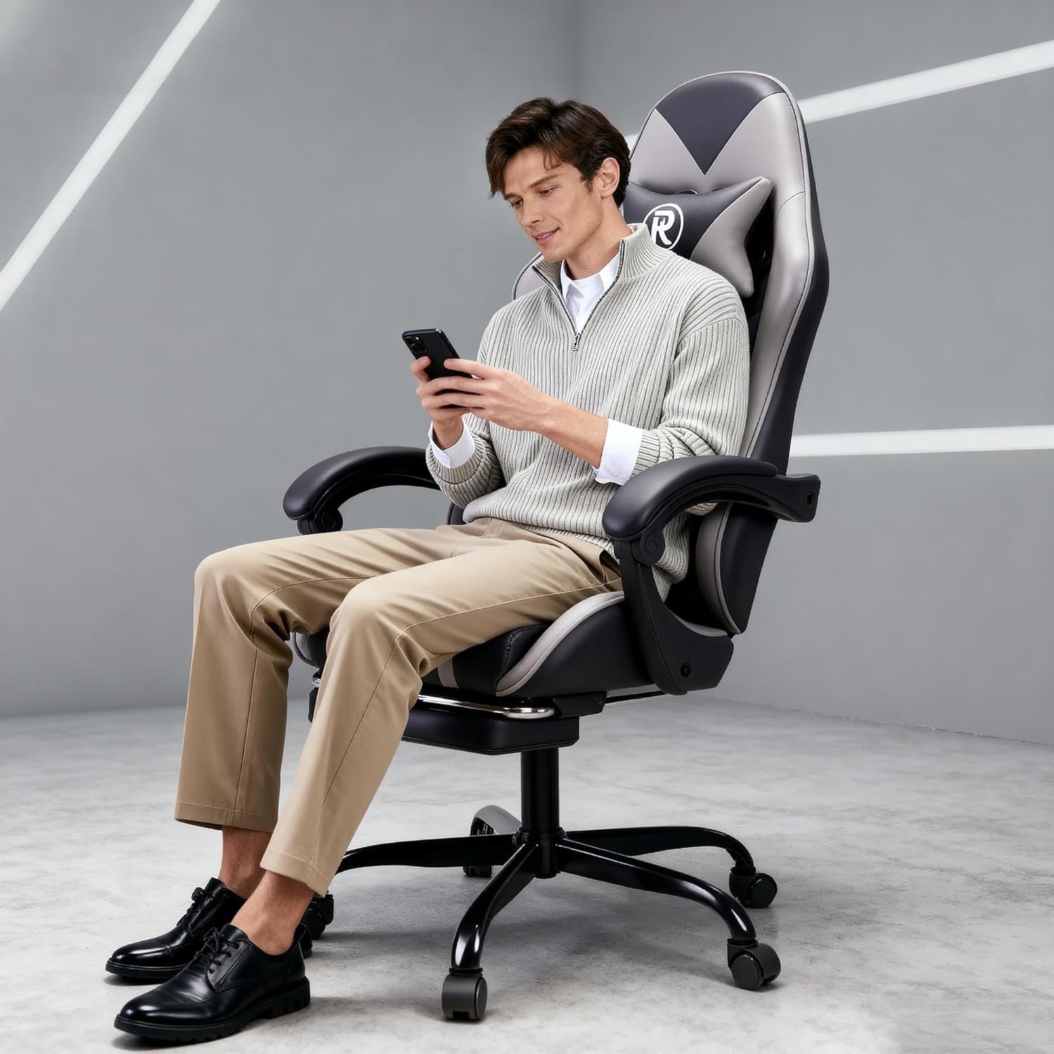 Ergonomic Gaming Chair with Footrest & Lumbar Support – Grey PC Seat