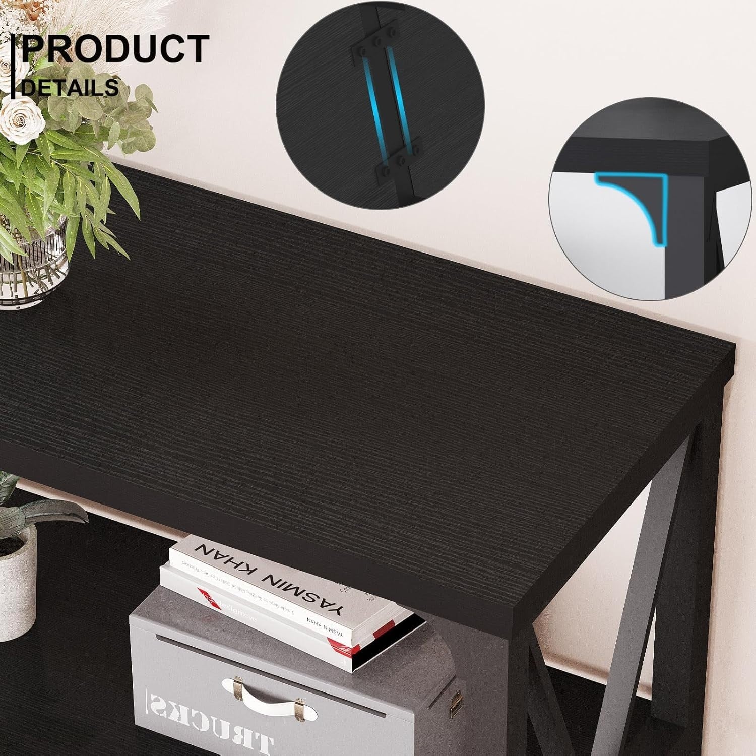 Black Oak Console Table 55” 3-Tier Shelf Metal Frame Entryway Storage