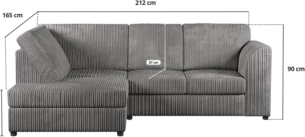L-Shaped Jumbo Cord 4-Seater Left Hand Corner Sofa Grey High Back