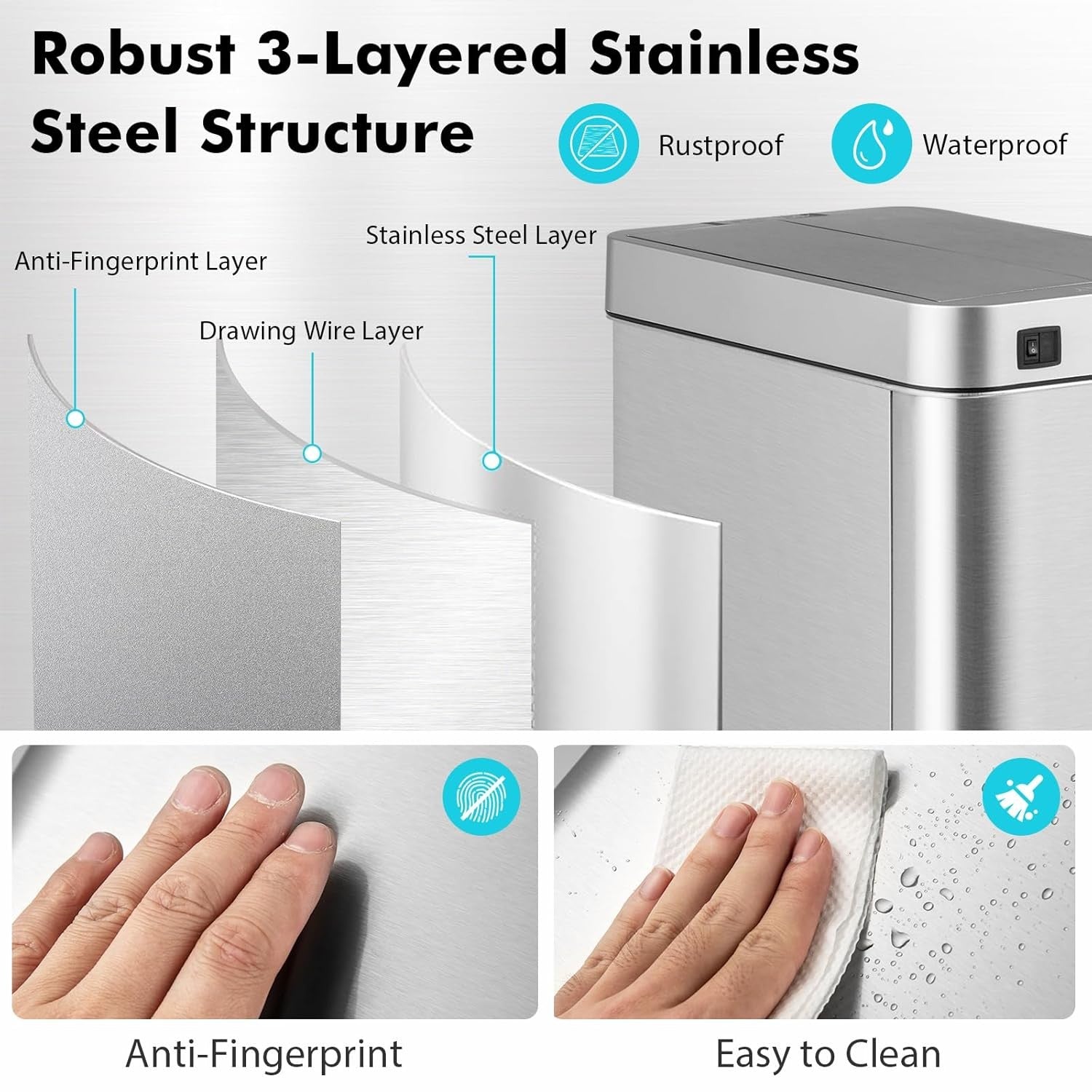 50L Touchless Motion Sensor Kitchen Bin – Automatic Stainless Steel Trash Can