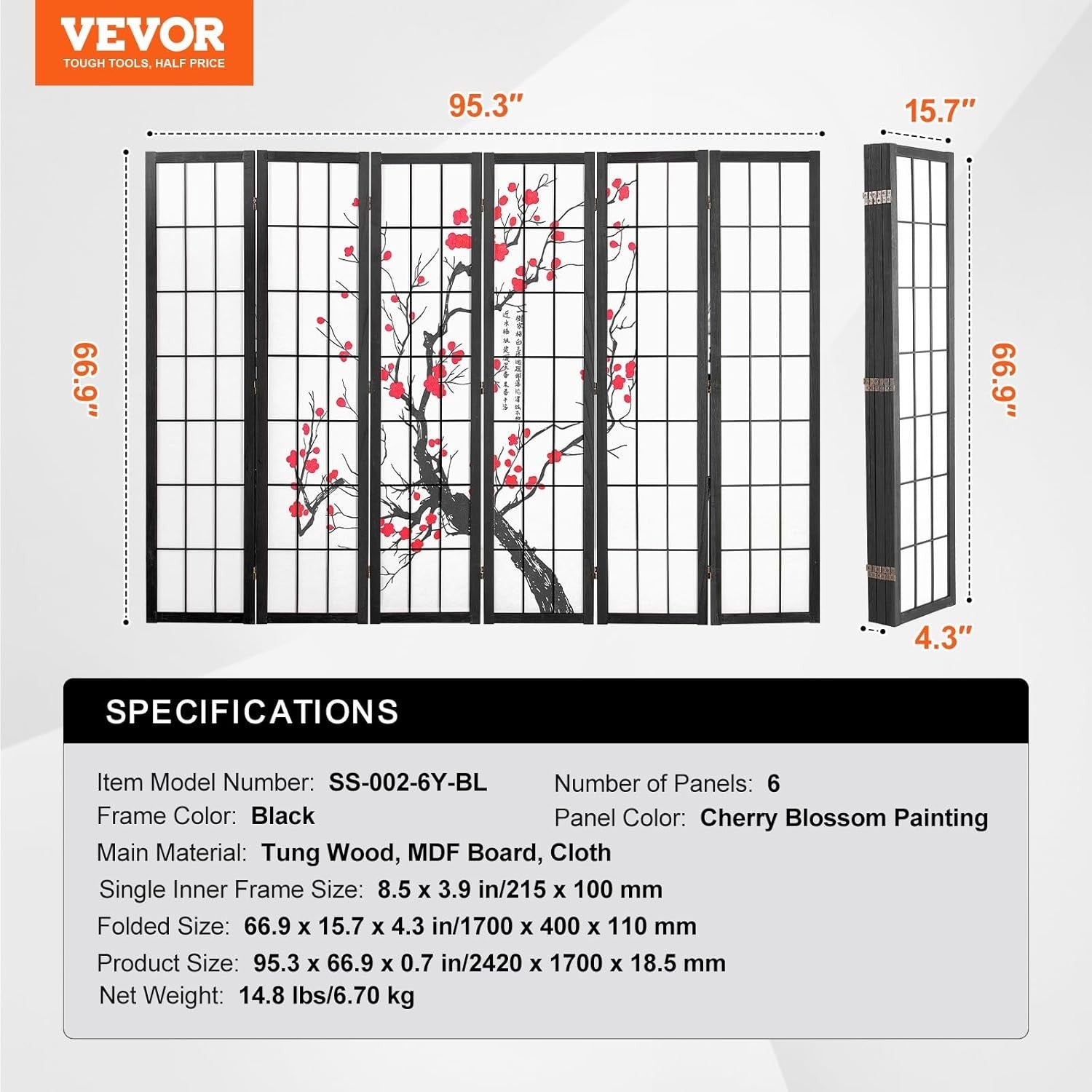 6 Panel White Folding Room Divider Cherry Blossom Privacy Screen 240x170cm