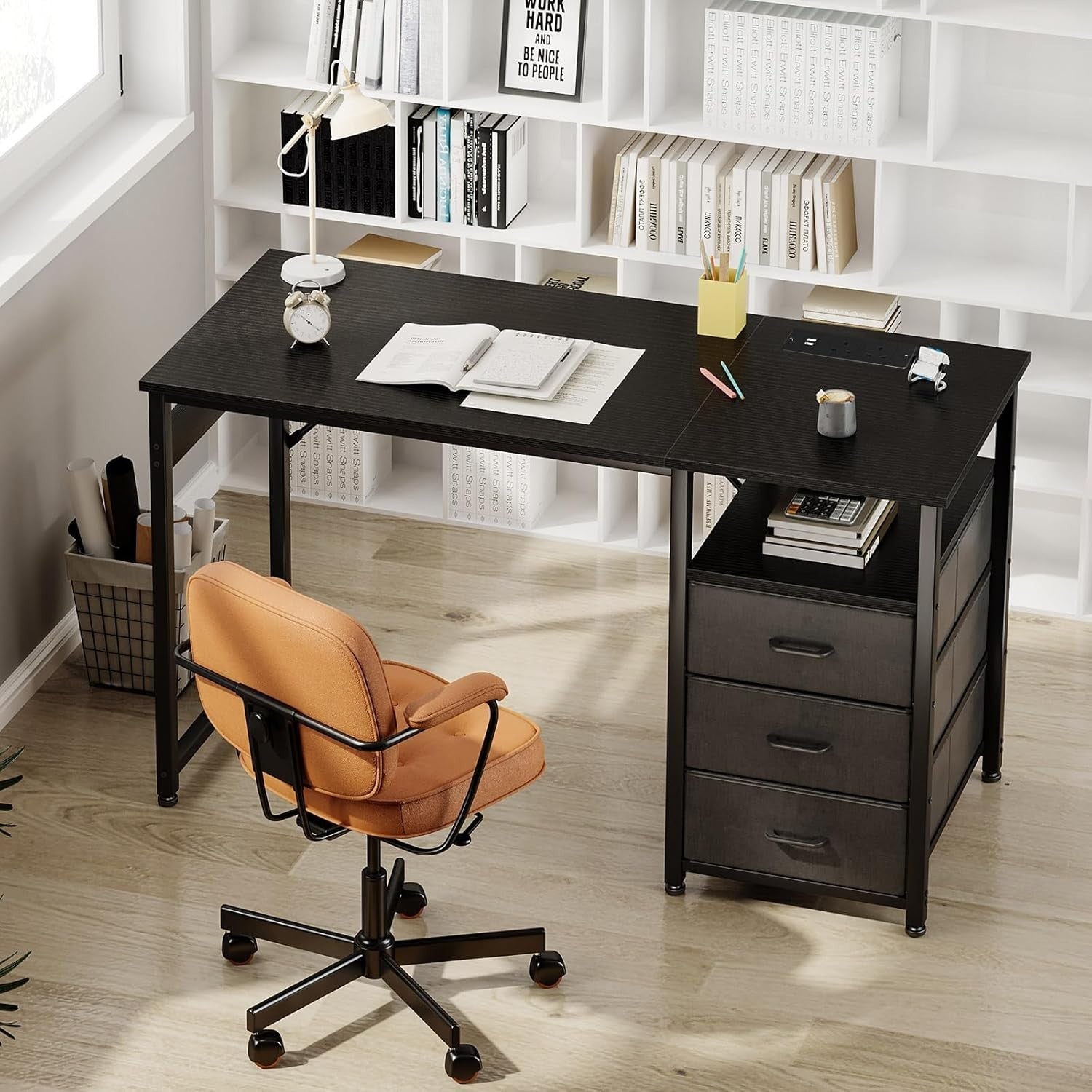 Black 120cm Computer Desk with Drawers, USB Ports & Power Sockets Office Table