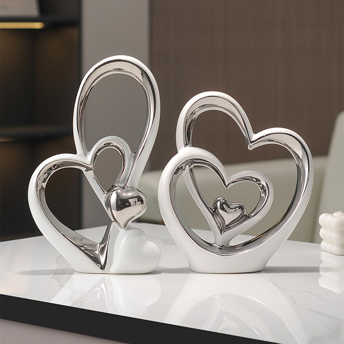 White Silver Double Heart Ceramic Sculpture Modern Luxury Home Decor Ornament