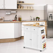 Mobile Kitchen Island Cart with Rubber Wood Countertop, Drawers & Lockable Wheel