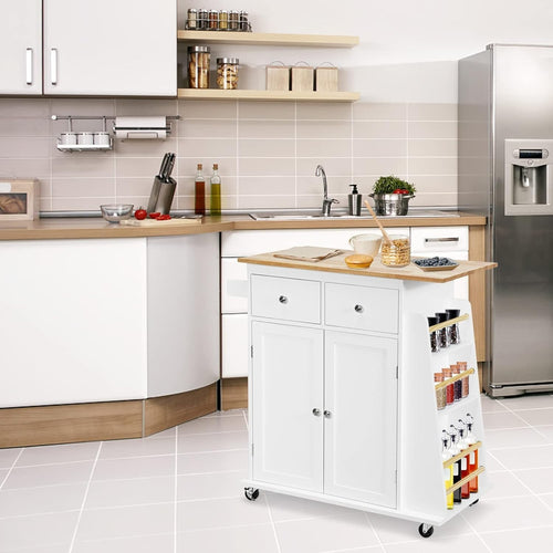 Mobile Kitchen Island Cart with Rubber Wood Countertop, Drawers & Lockable Wheel