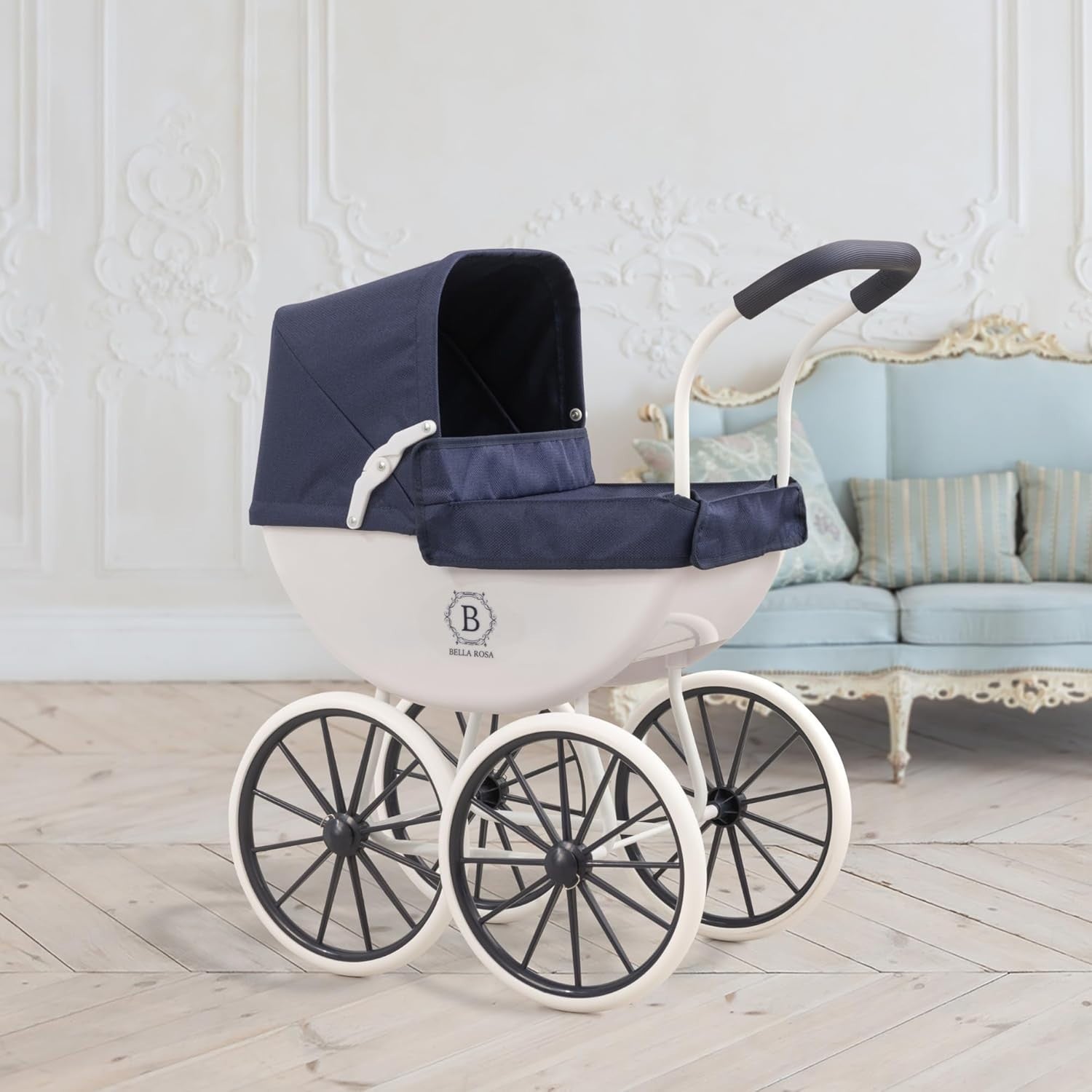 Traditional Dolls Pram Carriage Pushchair Vintage Style White Wheels