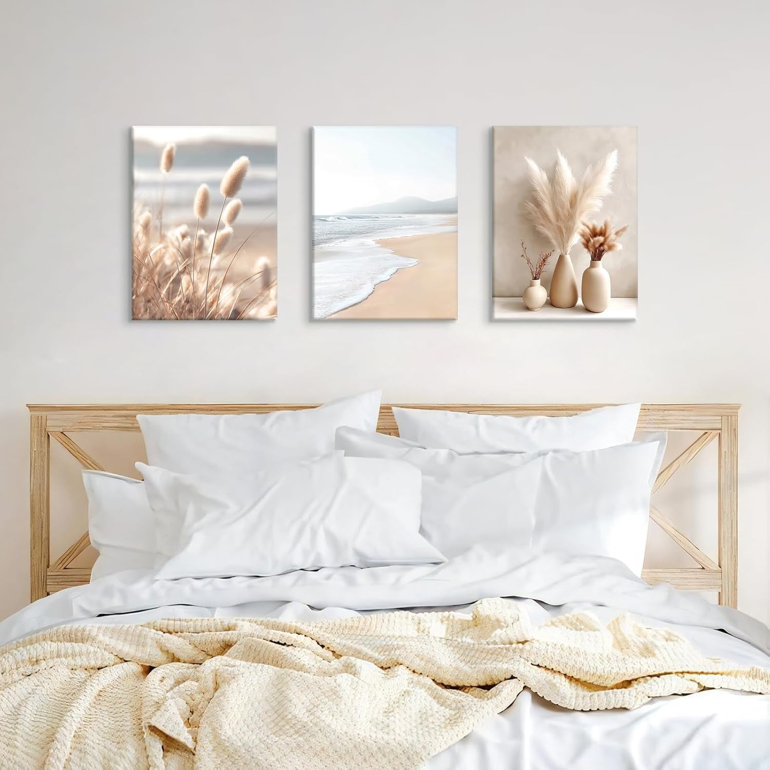 Boho Pampas Grass Canvas Wall Art Set 3 Framed 30x40cm