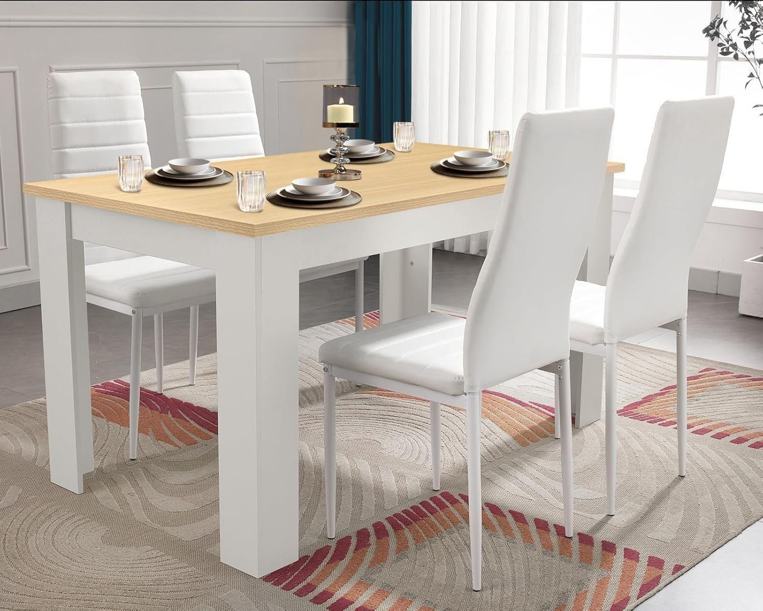 Modern Dining Table Set 4 White PU Leather Chairs 120x80x75cm Kitchen