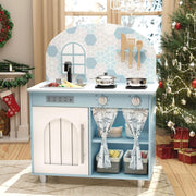 Kids Wooden Play Kitchen w/ Sound Stove Storage Blue Toy Set
