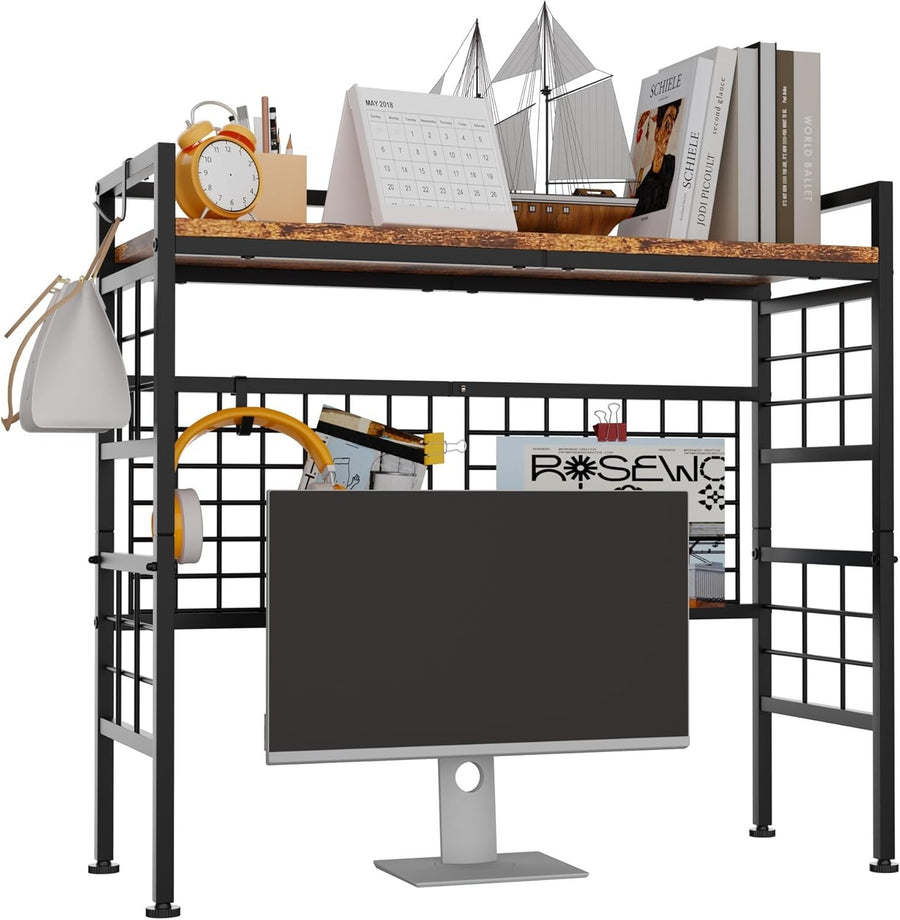 32.9" Metal Desk Hutch Shelf with Grid Panel | 2-Tier Desktop Organizer Rack