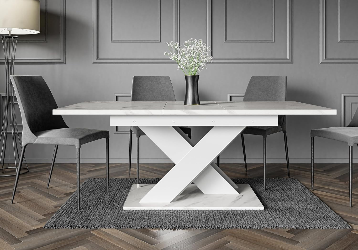 White Marble Gloss Extendable Dining Table 140–180cm Space Saving