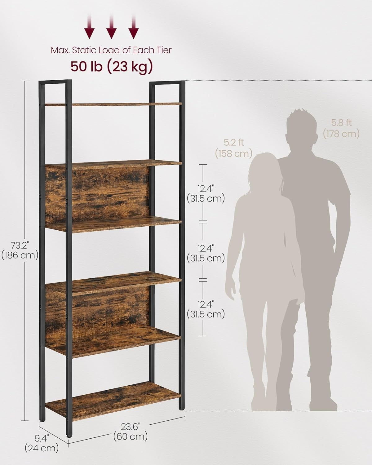6 Tier Industrial Bookcase Rustic Brown Shelf Tall Storage Unit 60x24x186cm