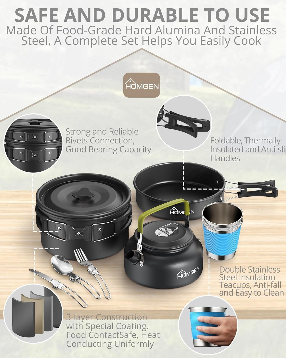 Black Camping Cookware Set with Pot Frying Pan, Kettle & Utensils for 2–3 People