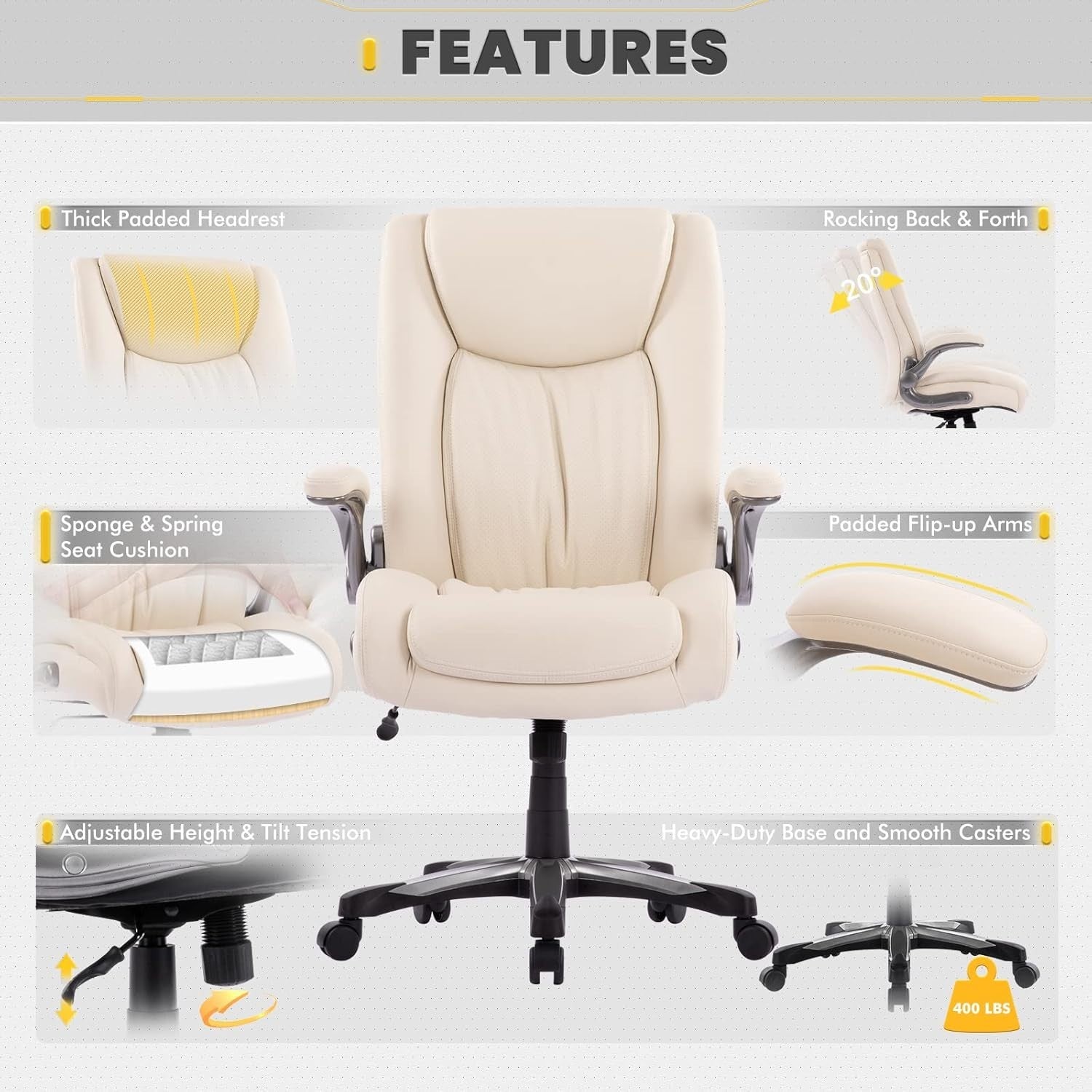 Big & Tall Office Chair Ergonomic Desk Seat 400lbs Wide PU Leather Ivory