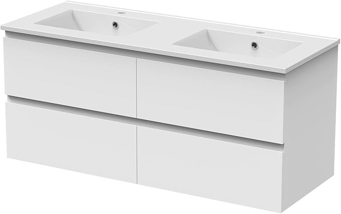 1200mm Wall Hung Gloss White Vanity Unit – Double Basin Sink 4 Drawer Cabinet
