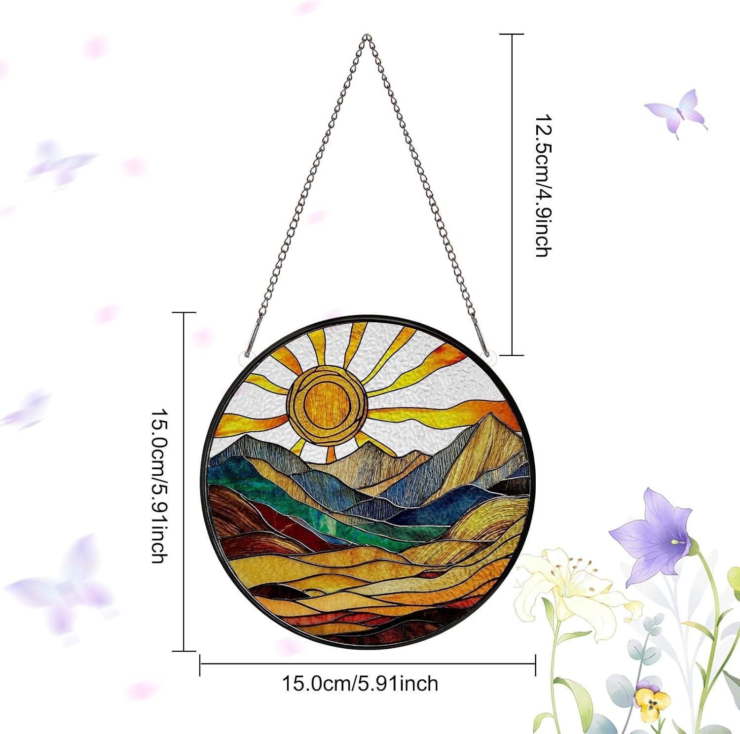 Boho Sun Stained Glass Suncatcher 5.9" Window Hanging Decor