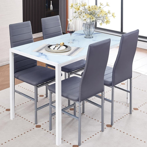 Stylish 5PC Grey Marble Glass Dining Set with PU Leather Chairs Compact