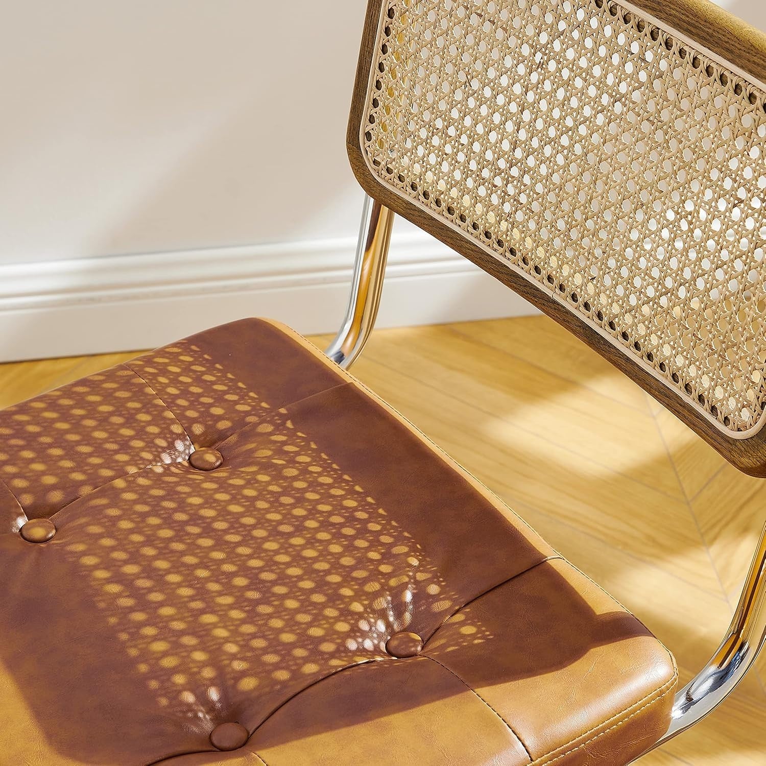 4x Cane Back Dining Chairs Faux Leather Seats Chrome Legs Mid Century Brown