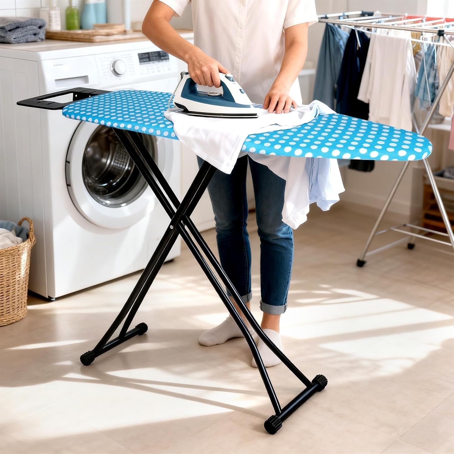 Large Ironing Board Adjustable Height Anti Slip with Iron Rest 132x33cm