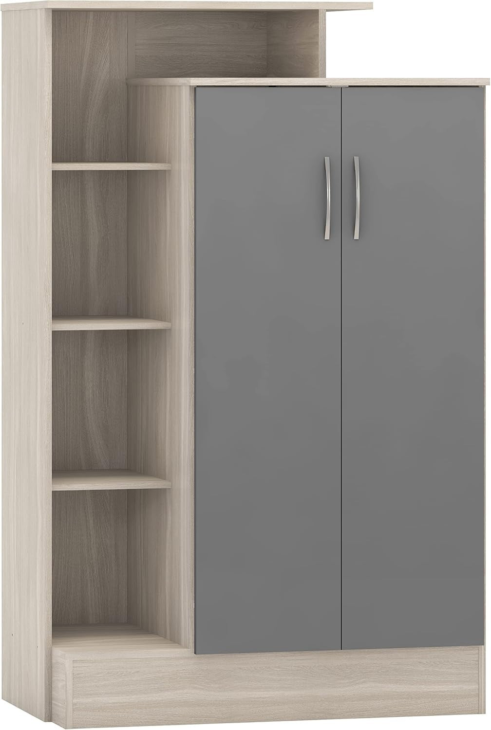 Grey Gloss Wardrobe with Open Shelves 2 Door Storage Cabinet Bedroom Unit