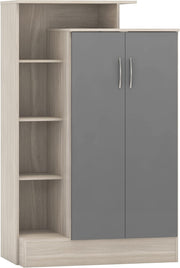 Grey Gloss Wardrobe with Open Shelves 2 Door Storage Cabinet Bedroom Unit
