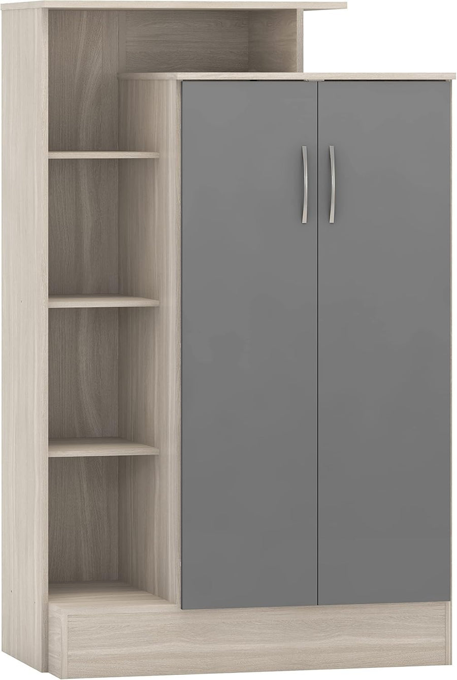 Grey Gloss Wardrobe with Open Shelves 2 Door Storage Cabinet Bedroom Unit