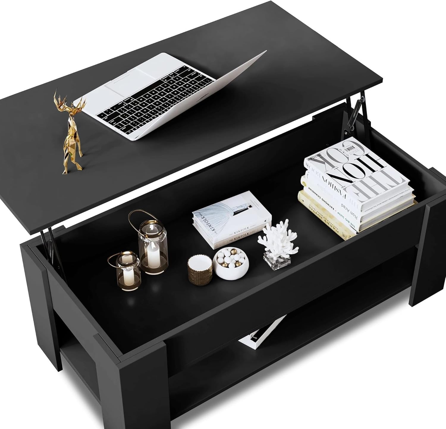 Lift Up Coffee Table with Storage, Black 120x60cm Adjustable Height