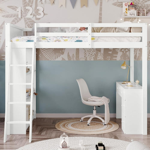 Loft Bunk Bed with Desk, 4 Drawers & Shelves, Kids 3FT White 90x190cm Bed