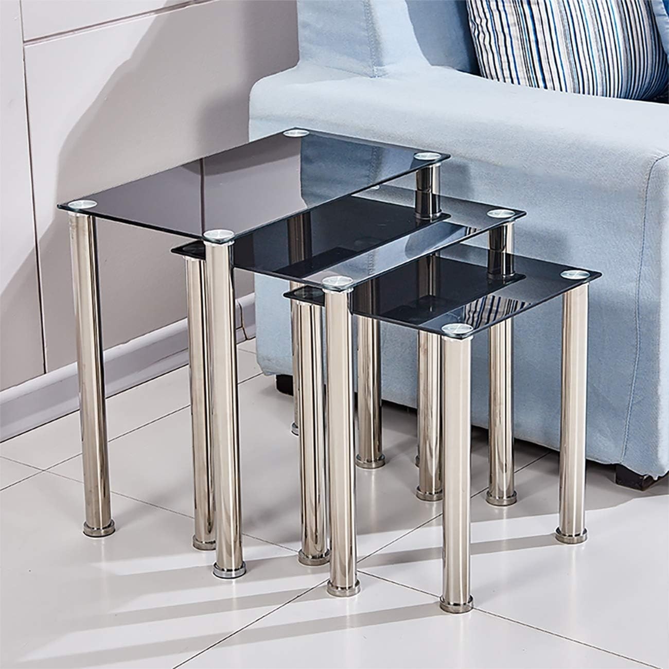 Space Saving Nesting End Side Coffee Tables Black Tempered Glass Metal Frame
